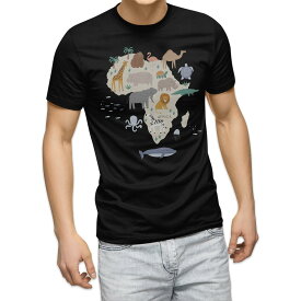 tシャツ メンズ 半袖 ブラック デザイン XS S M L XL 2XL Tシャツ ティーシャツ T shirt 黒 019964 Africa map 動物 地図