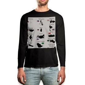 ロング tシャツ メンズ 長袖 ブラック デザイン XS S M L XL 2XL ロンT ティーシャツ 黒 black T shirt long sleeve 003441 外国　国旗　地図