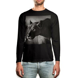 ロング tシャツ メンズ 長袖 ブラック デザイン XS S M L XL 2XL ロンT ティーシャツ 黒 black T shirt long sleeve 007806 写真　モノクロ　ライオン