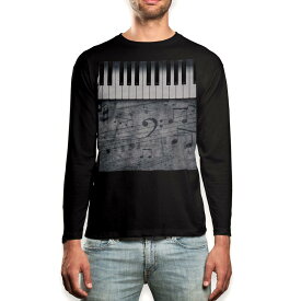 ロング tシャツ メンズ 長袖 ブラック デザイン XS S M L XL 2XL ロンT ティーシャツ 黒 black T shirt long sleeve 008223 音符　楽譜　ピアノ　モノクロ