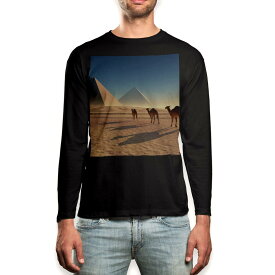 ロング tシャツ メンズ 長袖 ブラック デザイン XS S M L XL 2XL ロンT ティーシャツ 黒 black T shirt long sleeve 010934 らくだ　砂漠　ピラミッド