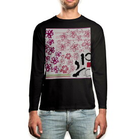 ロング tシャツ メンズ 長袖 ブラック デザイン XS S M L XL 2XL ロンT ティーシャツ 黒 black T shirt long sleeve 013325 花　和　ピンク