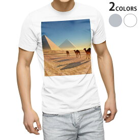 Tシャツ メンズ 半袖 ホワイト グレー デザイン S M L XL 2XL Tシャツ ティーシャツ T shirt 010934 らくだ　砂漠　ピラミッド
