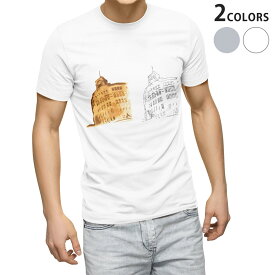 Tシャツ メンズ 半袖 ホワイト グレー デザイン S M L XL 2XL Tシャツ ティーシャツ T shirt 015862 斜塔　建物