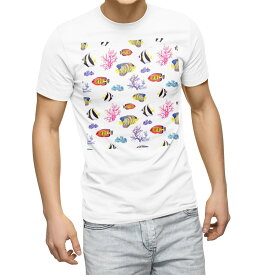 Tシャツ メンズ 半袖 ホワイト 無地 デザイン M ティーシャツ T shirt 010564 海　魚　カラフル