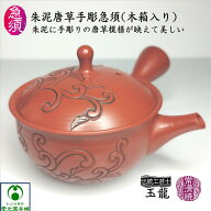 朱泥唐草手彫急須 玉龍陶園 伝統工芸士 梅原二郎 常滑焼き 陶器 陶製茶こし きゅうす 茶注 櫛目 手彫り …