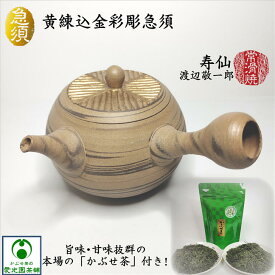 黄練込金彩彫 「かぶせ茶」付き渡辺敬一郎作 寿仙 高山陶園 常滑焼 陶器 陶製茶こし セラメッシュ インローの蓋 手造り 手作り 手彫り 練込模様 おうちカフェ オリジナル 創作急須 一点物 作家物 注ぎやすい 湯切れがいい 洗いやすい 趣き 美味しいお茶 ギフト プレゼント