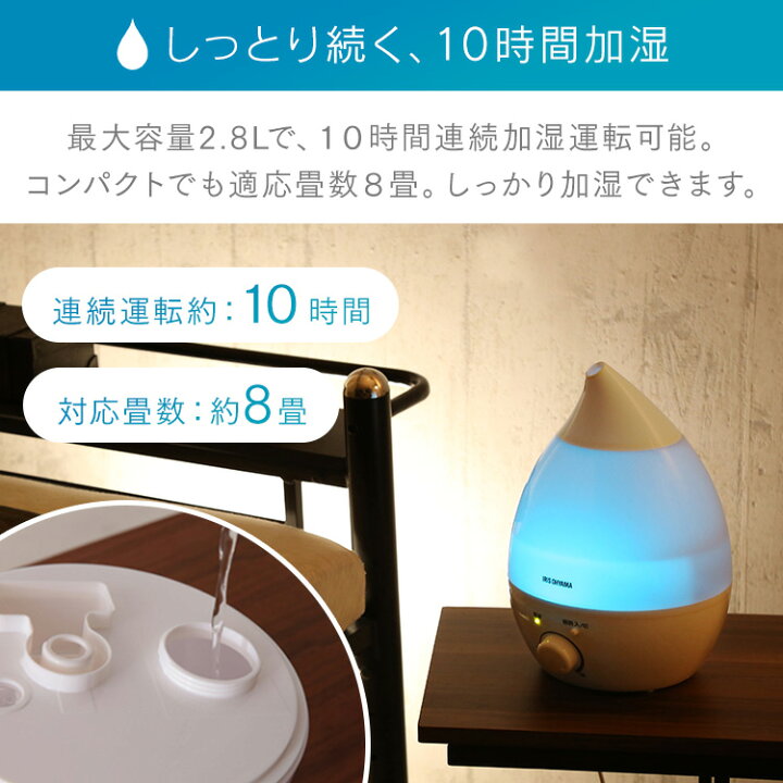 楽天市場 冬物 衝撃価格 加湿器 超音波 卓上 アイリスオーヤマ超音波式 小型 アロマ アロマ加湿器 アロマディフューザー 加湿機 超音波加湿器 2 8l ドロップ型 しずく型 Ledライト付き 清潔 シンプル おしゃれ 可愛い コンパクト リビング 子供部屋 Uhm 280s Sutu