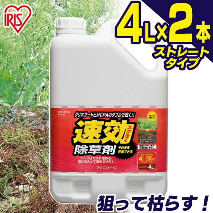 楽天市場 2個セット 速効除草剤 4l Sjs 4l 除草 除草剤 4ｌ 4リットル 草むしり 草 秋 雑草 速効 庭 手入れ ガーデニング 雑草 液状 薄めない そのまま ストレートタイプ 根 草木 駐車場 工場 敷地 のり面 多年生 非農耕地 根こそぎ 徹底 スギナ 住宅