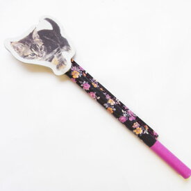 カーマイン　レザーペンホルダー　キャット　黒地に小花[carmine]　日本製ねこ・猫・ネコ・ボールペン・革製品・花柄
