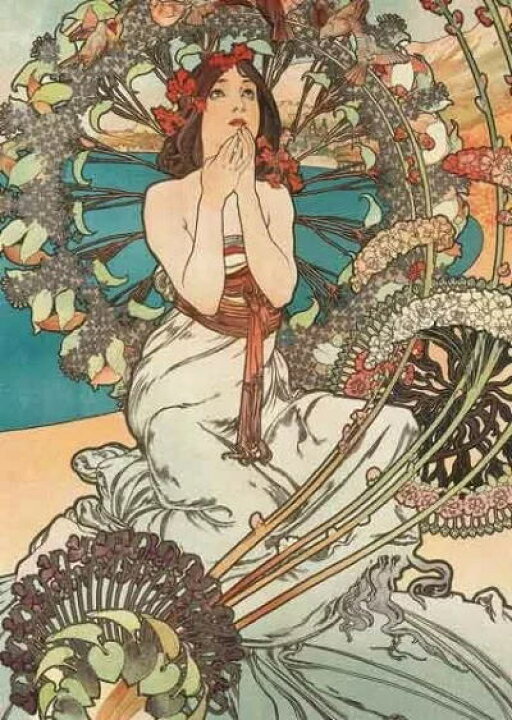 楽天市場】輸入ポストカード ミュシャ 鳥の輪 横青緑 Alphonse Mucha 
