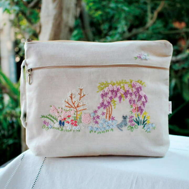 楽天市場】手刺繍ポーチ サイドハンドルポーチ 春の庭 Zenma ゼンマ 