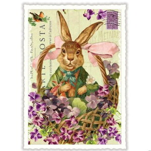 輸入ポストカード エディションタウゼンドシェーン ハッピーイースターラビット すみれ籠 ラメ&ダイカット加工 ドイツ製 ウサギ うさぎ バイオレット スミレ 菫