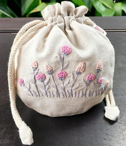 手刺繍ポーチ ピンク小花 ミニ巾着Zenma ハンドメイド小物入れ ハンドメイドポーチ ベトナム刺繍