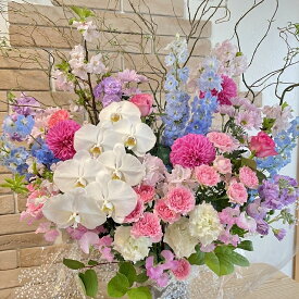 スタンド花 開店祝い お祝い 花 ★印象的な ブルー 系★ 【ギフト 送料無料】開業祝い 誕生日【青 青い花】フラワーギフトおしゃれ 「胡蝶蘭入り スタンド・ロータイプ(ブルー・パープル系)」生花 周年 祝い 発表会 アレンジメント 移転祝い 祝い花 オープン