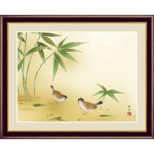 0 竹に雀 たけにすずめ 42×34cm 田村竹世 たむらちくよ 花鳥画 品質一番の 年中飾り 超歓迎 日本画 20 アート額絵