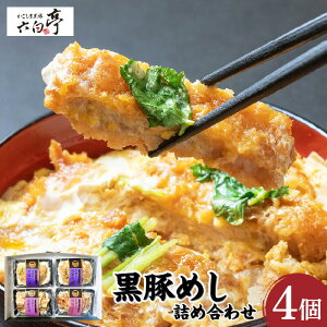 【かごしま黒豚 六白亭】黒豚めし詰合せ 4個 鹿児島市 黒豚 豚 肉 黒豚めし 豚めし かつ丼 バラ炙り 黒豚角煮 角煮 ロースかつ バラ肉 惣菜 おかず ごはん 調理済み 簡単調理 温めるだけ レン