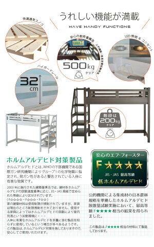 耐荷重500kg送料無料Beamstructure特許構造安心安全のエコ塗装LED照明付き宮棚付き階段付きロフトベッドエスパス2色対応ホワイトダークブラウン耐震構造ロフトベットシステムデスクすのこベッドシステムベッド学習机PCデスク子供用大人用業務