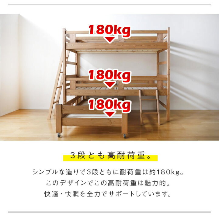 【おむつ交換台】46%OFF 6/4 20時から★ 国産 三段ベッド ミツロウ仕上げ 3段ベッド 日本製 親子ベッド パイン材 無垢材 天然木 キャスター付き 耐荷重 各180kg 親子2段ベッド 親子 添い寝 ベビーベッド 子ども 子供用 収納式 子ベッド bedcat-4 Michelle ミッシェル