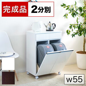 【期間限定 P2倍】レンジ台 ロータイプ 幅55cm ダイニングダストボックス2D ホワイト ブラウン 木製 キャスター以外組立済 完成品 高品質 2分別 収納家具のような台所用ごみ箱 キッチンカウン