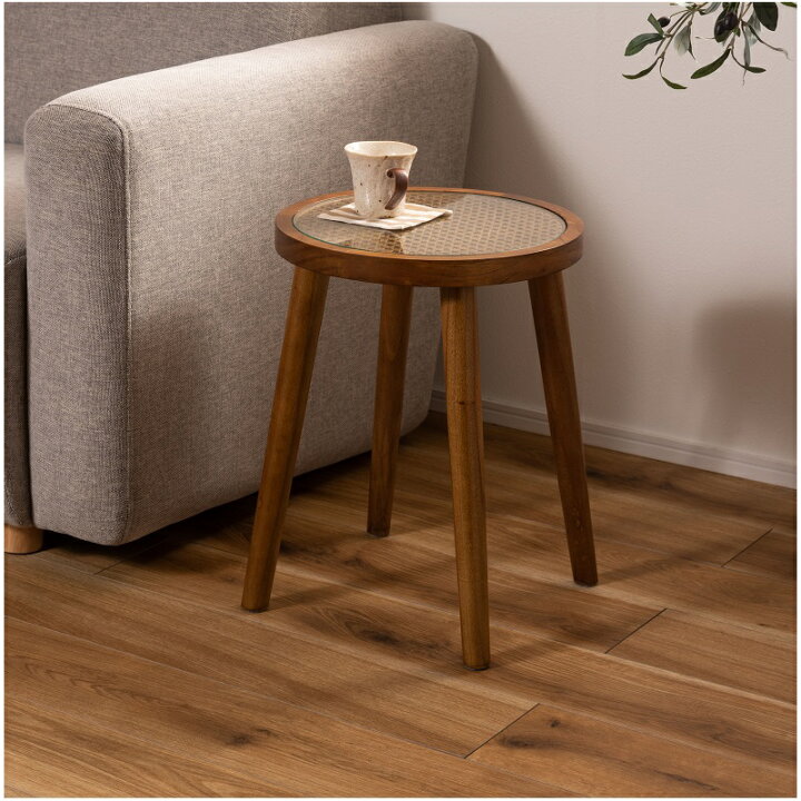 楽天市場】サイドテーブル ガラス 丸 ラタン 木製 天然木 幅35 ガラス  