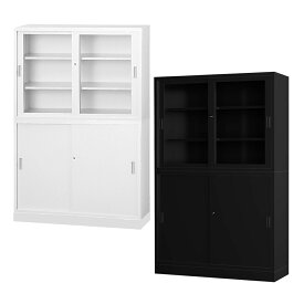 受注生産品 上下書庫セット ガラス戸引違い書庫+スチール引違い書庫 浅型 アジャスターベース付 上下連結金具付 完成品 オフィス家具市場オリジナル製:HCB-TSシリーズ 送料無料 新品 オフィス家具