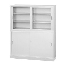 上下書庫セット ガラス戸引違い書庫+スチール引違い書庫 深型 ベース付 上下連結金具付 完成品 オフィス家具市場オリジナル製:HCB-TDシリーズ 新品 オフィス家具