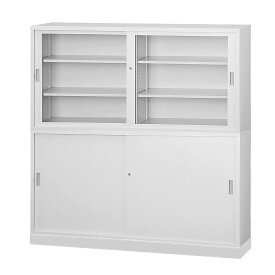 受注生産品 上下書庫セット ガラス戸引違い書庫+スチール引違い書庫 浅型 アジャスターベース付 上下連結金具付 完成品 オフィス家具市場オリジナル製:HCB-TSシリーズ 新品 オフィス家具