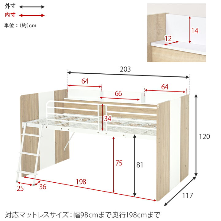 楽天市場】システムベッド ロフトベッド ミドルタイプ 宮棚付き 3点 
