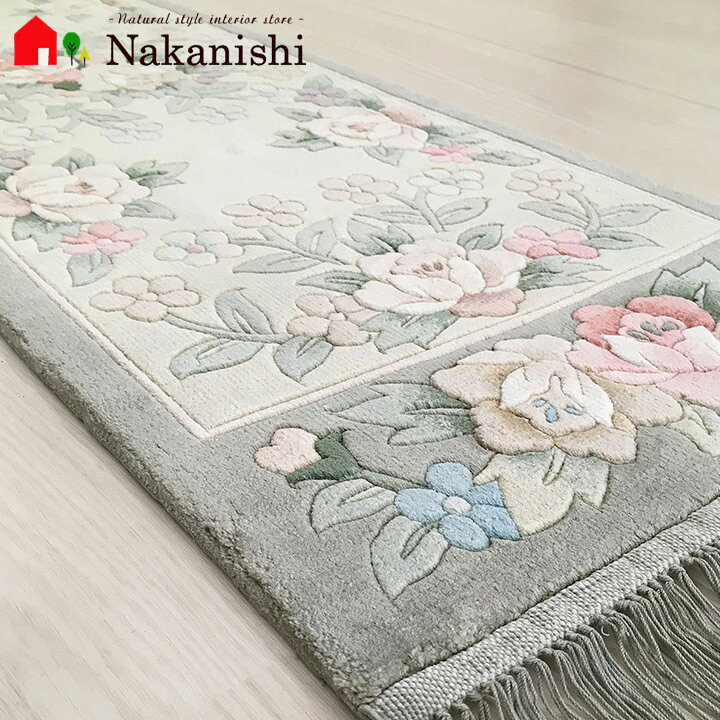 楽天市場】【中国段通 シルク 玄関マット】「花天月地」絨毯(じゅうたん)・カーペット・ラグ・框(かまち)・ロングマット・キッチンマット ・絹(シルク)100%・約39.5×128cm・120段・グレー系 : カーペット ギャッベ 家具の中西 段通　絨毯　カーペット　ラグマット　玄関マット　ヴィンテージ　花柄