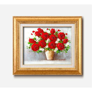 愛と繁栄の象徴、風水の赤い花 鈴木郁夫の『赤いバラ』は、幸運をもたらす油絵額 F6号の460×552×55mmの金フレームが華やかさを引き立て、化粧箱入りで贈り物にも最適 心に響く美しさをあな