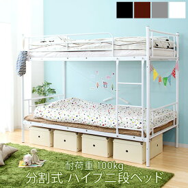 二段ベッド シングル 2段ベッド パイプベッド フラット はしご ワイヤー メッシュ コンパクト 子供部屋 子供用 おしゃれ 北欧