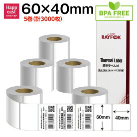RAYFOOK 感熱ラベルシール 60×40mm 【600枚×5巻】 感熱シール 感熱ラベル サーマルラベル サーマルラベルシール サーマルラベル用紙 感熱ラベル用紙 プレカットラベル ラベル 配送ラベル 感熱ラベルプリンター専用 配達 感熱ロール紙 業務用 60mm 40mm ラベル紙 TL6040