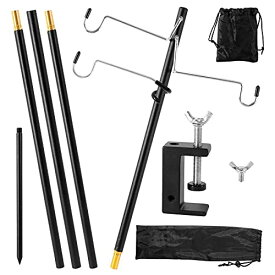 ランタンスタンド ランタンポール ランタンハンガー 両用式 打ち込み クランプ式 折りたたみ 4段階 高さ調整可 ランタンフック ペグ 付き 軽量 頑丈 アウトドア キャンプ ブラック 収納袋付き By Kcmell