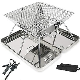 Rikopin(リコピン) [CAMP本舗] バーベキューコンロ 収納ケース付 焚き火台 アウトドアコンロ 折りたたみ BBQコンロ 1台2役 2-4人用 ステンレス サイズ:31CM×31CM×20CM キャンプ用品 アウトドア用品 (ファイヤースターター付き)