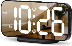 EDUP LOVE デジタル目覚まし時計、LEDミラー電子時計、2つのUSB充電ポート、スヌーズモード、12 / 24H、明るさの調整、キッチン寝室のリビングルームオフィス用のモダンな卓上時計-黒