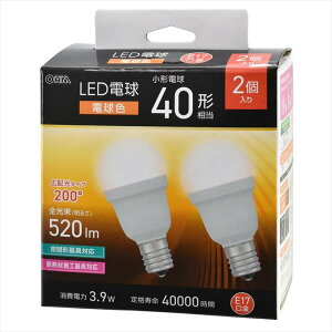 LED�d�� ���`�i40�`����/�d���F/520 lm/3.9W/E17/Ra83/�L�z��200°/���`���Ή�/�f�M�ގ{�H���Ή�/2���j OHM LDA4L-G-E17 IS53 2P