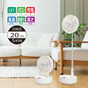 【沖縄・離島配送不可】コンパクト収納充電式DC扇風機 省エネ ECO フルリモコン 自動首振り 20cm羽根 季節家電 エスケイジャパン SJM-E908