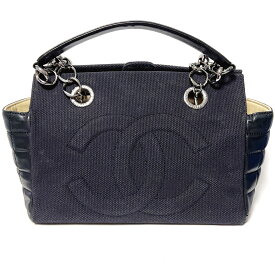 【中古】CHANEL シャネル ココマーク チョコバー チェーン トートバッグ ラム キャンバス ブラック レディース