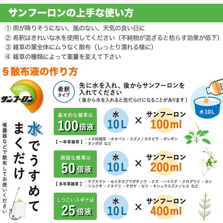 楽天市場 サンフーロン 除草剤 l 2本セット ラウンドアップのジェネリック農薬 除草 希釈 グリホサート系 Sanf 000 ガーデニング 雑草 対策 雑草対策 園芸 薬剤 薬 安心 ミカン 果樹 経済的 噴霧器 散布 希釈 原液 水でうすめてまくだけ おしゃれ おすすめ