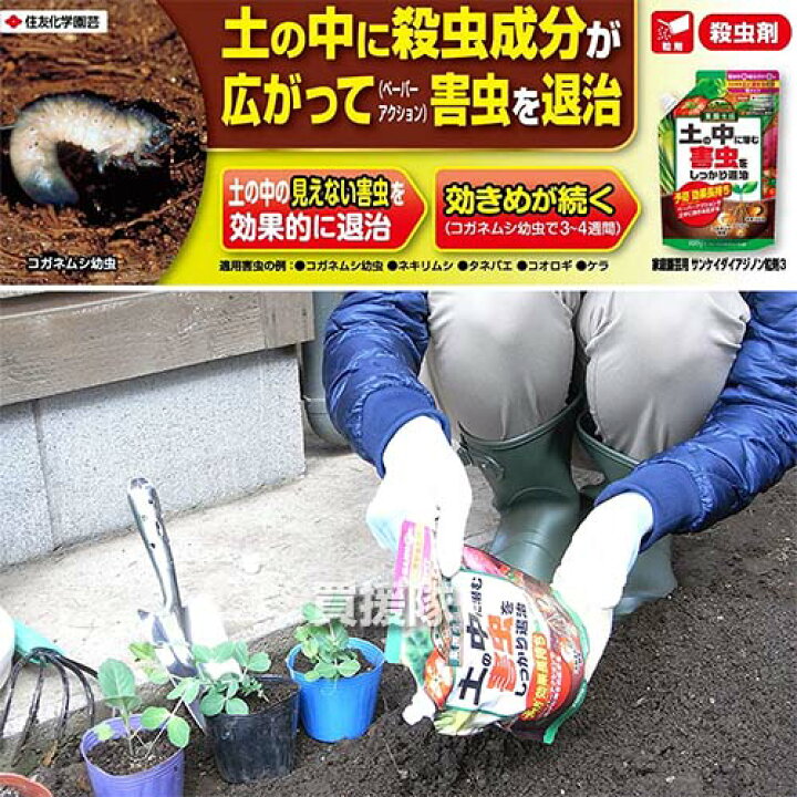 楽天市場 住友化学園芸 ダイアジノン粒剤3 家庭園芸用 700g 殺虫剤 殺虫 害虫 防除 対策 家庭用 園芸用 ネキリムシ ウリハムシ コガネムシ 幼虫 土の中 きゅうり かぼちゃ 害虫 退治 花 庭木 庭 木 花壇 おしゃれ おすすめ Cb99 買援隊