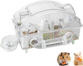 ハムスター ケージ 飼育ケージ セット 全面クリア 透明 見やすい トップドア お手入れ簡単 脱出にくい 通気性いい 快適 広い 給水ボトル 砂浴び場 トンネル 回し車 遊び場など含めて7点セット 2階建て 一体成型 組立式 耐磨耗性 防咬性 掃除しやすい 小動物用 丸洗い可能