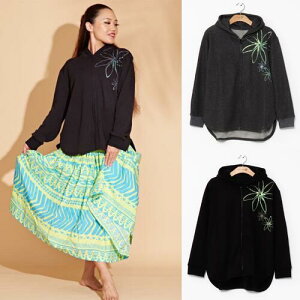 ○o。【Maunaloa】ハワイアン ティアレ柄 シャギージップ パーカー 裏ボア 暖かい 冬 フラダンス衣装 フラガール フラダンス フラ マウナロア MMJ タヒチアン プレゼント ステージ移動 フラ雑貨