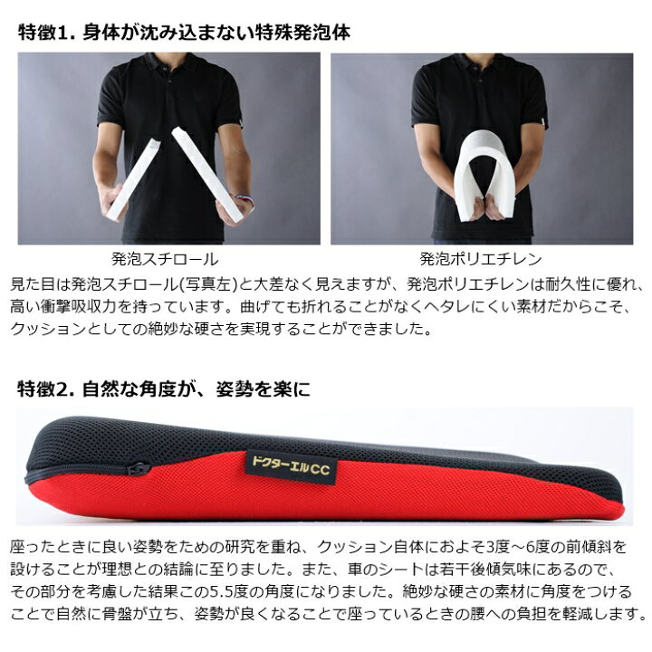 楽天市場 ドクターエルcc クッション 車専用 座布団 背もたれ 長時間座っても疲れにくい 5 5度傾斜と特殊発泡素材が腰の負担を軽減 車のバケット シートやバケット型チェアーに ｒ ｓｔｙｌｅ