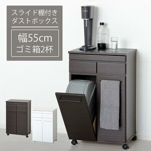 キッチンカウンター ごみ箱 幅55cm 高さ87.5cm 【クロシオ】 スライド棚付きダストボックス2D ホワイト ブラウン おしゃれ スタイリッシュ シンプル