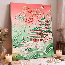 【1月31日前後に入荷予定】【新登場】 パールダイヤモンドアート 手芸キット 花火 お寺 城 油絵調 真珠 キラキラ ビーズアート 初心者 キット 図案印刷 DIY　名作 大人 子供 日本語説明書付き
