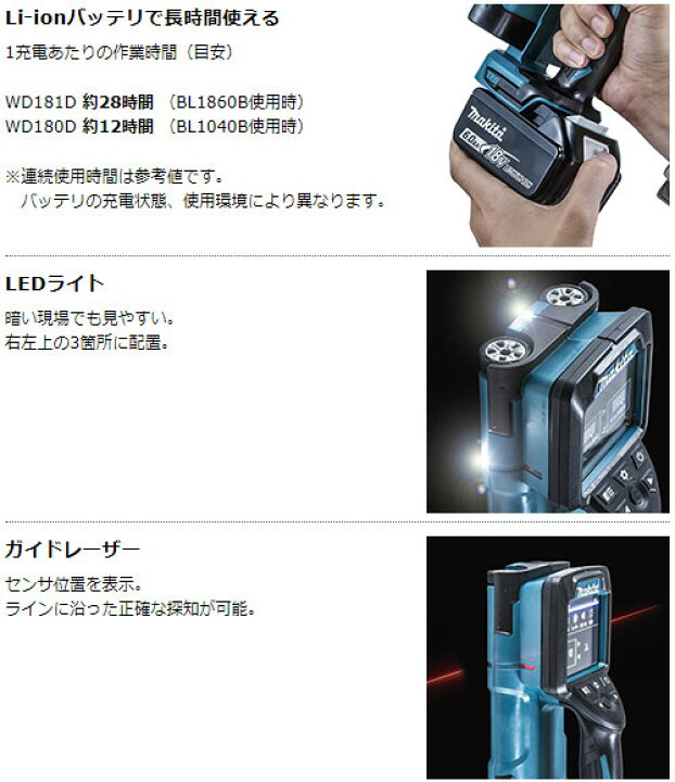 楽天市場】[マキタ 正規店] 充電式 ウォールディテクタ WD181DZK 14.4V 