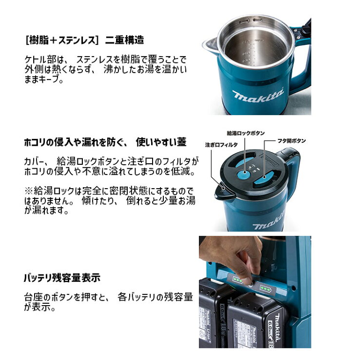 楽天市場】[マキタ 正規店] 充電式 ケトル 0.8L KT360D 36V(18V×2本 