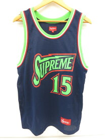 【中古】Supreme シュプリーム Bolt Basketball Jersey 18SS ブランドロゴメッシュ バスケ タンクトップ バスケットボール ジャージ ロゴ ネイビー 紺 グリーン 緑トップス ポリエステル 袋付き サイズM メンズ (TP-802)