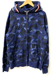 【中古】ア ベイシング エイプ A BATHING APE ファーストカモ 1st カモ シャーク WGM フロントジップ パーカー ロゴ ネイビー 2XLサイズ 201MT-1885